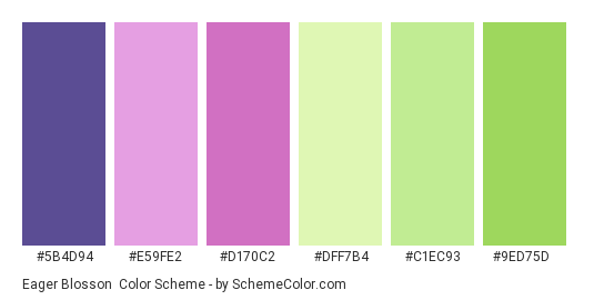 Eager Blosson - Color scheme palette thumbnail - #5b4d94 #e59fe2 #d170c2 #dff7b4 #c1ec93 #9ed75d 