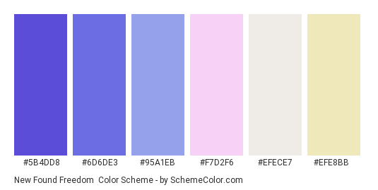 New Found Freedom - Color scheme palette thumbnail - #5b4dd8 #6d6de3 #95a1eb #f7d2f6 #efece7 #efe8bb 