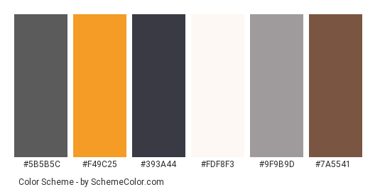 Wool for Winter - Color scheme palette thumbnail - #5b5b5c #f49c25 #393a44 #fdf8f3 #9f9b9d #7a5541 