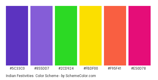 Indian Festivities - Color scheme palette thumbnail - #5c33c0 #855dd7 #2cd924 #fbdf00 #F95F41 #E50D78 