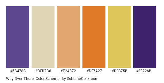 Way Over There - Color scheme palette thumbnail - #5c478c #dfd7b6 #e2a872 #df7a27 #dfc75b #3e226b 