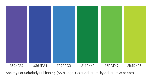 Society for Scholarly Publishing (SSP) Logo - Color scheme palette thumbnail - #5c4fa0 #364ea1 #3982c3 #118442 #6bbf47 #b5d435 