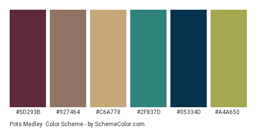Pots Medley - Color scheme palette thumbnail - #5d293b #927464 #c6a778 #2f837d #05334d #a4a650 