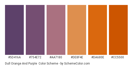 Dull Orange and Purple - Color scheme palette thumbnail - #5d416a #754e72 #aa7180 #de8f4e #da680e #cc5500 