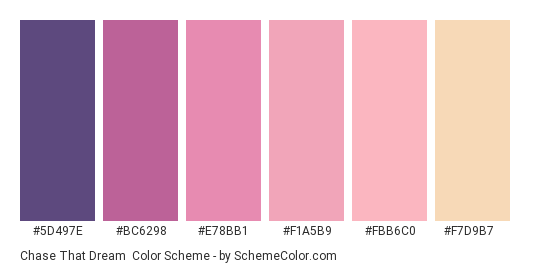 Chase That Dream - Color scheme palette thumbnail - #5d497e #bc6298 #e78bb1 #f1a5b9 #fbb6c0 #f7d9b7 