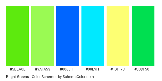 Bright Greens & Blues - Color scheme palette thumbnail - #5dea0e #9afa53 #0065ff #00e9ff #fdff73 #00df50 