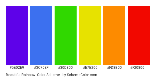 Beautiful Rainbow - Color scheme palette thumbnail - #5e02e9 #3c70ef #30d800 #e7e200 #fd8b00 #f20800 
