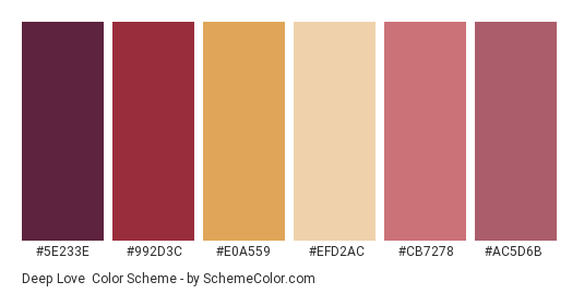 Deep Love - Color scheme palette thumbnail - #5e233e #992d3c #e0a559 #efd2ac #cb7278 #ac5d6b 