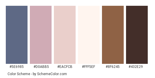 Seashells - Color scheme palette thumbnail - #5e6985 #d0abb5 #eacfcb #fff5ef #8f6245 #432e29 