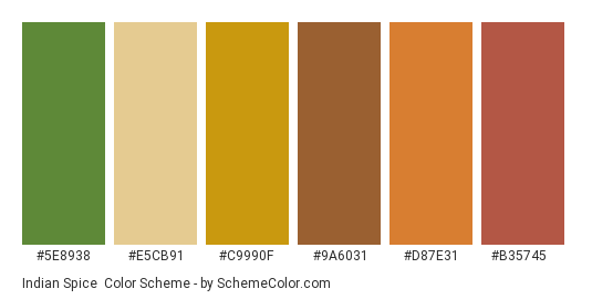 Indian Spice - Color scheme palette thumbnail - #5e8938 #e5cb91 #c9990f #9a6031 #d87e31 #b35745 