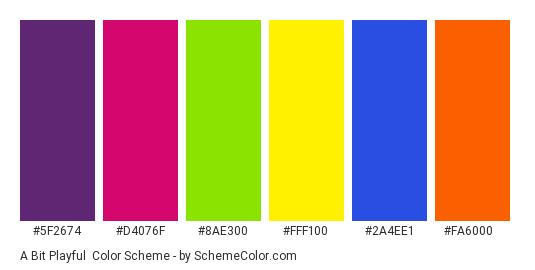 A Bit Playful - Color scheme palette thumbnail - #5f2674 #d4076f #8ae300 #fff100 #2a4ee1 #fa6000 