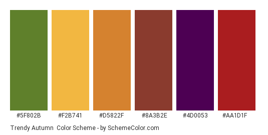 Trendy Autumn - Color scheme palette thumbnail - #5f802b #f2b741 #d5822f #8a3b2e #4d0053 #aa1d1f 