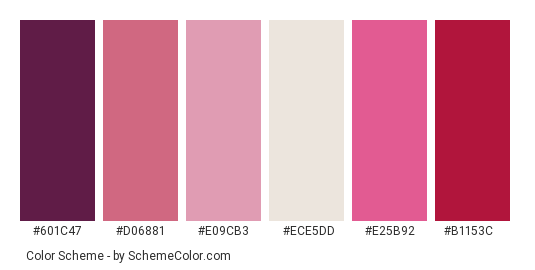 A Plate For You - Color scheme palette thumbnail - #601c47 #d06881 #e09cb3 #ece5dd #e25b92 #b1153c 