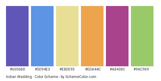 Indian Wedding #4 - Color scheme palette thumbnail - #6056B8 #5D94E3 #E8DE95 #EDA44C #A8438C #9AC969 