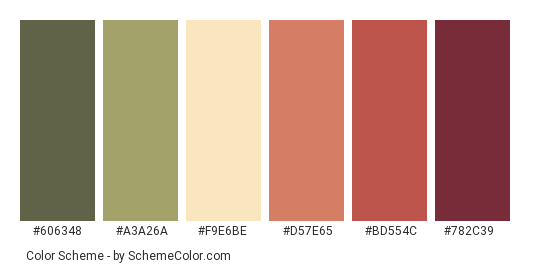 Everything Fades - Color scheme palette thumbnail - #606348 #a3a26a #f9e6be #d57e65 #bd554c #782c39 