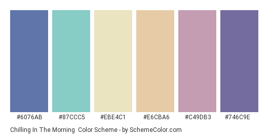 Chilling in the Morning - Color scheme palette thumbnail - #6076AB #87CCC5 #EBE4C1 #E6CBA6 #C49DB3 #746C9E 