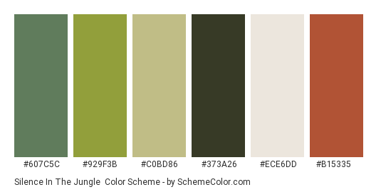 Silence in the Jungle - Color scheme palette thumbnail - #607c5c #929f3b #c0bd86 #373a26 #ece6dd #b15335 
