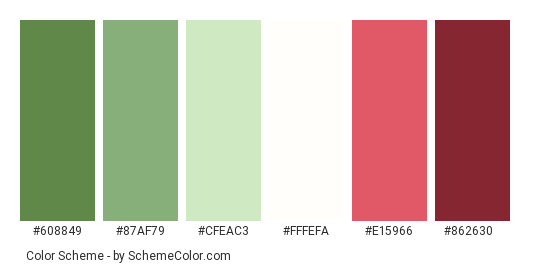 Christmas is a Blur - Color scheme palette thumbnail - #608849 #87af79 #cfeac3 #fffefa #e15966 #862630 