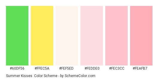 Summer Kisses - Color scheme palette thumbnail - #60df56 #ffec5a #fef5ed #fedde0 #fec3cc #feafb7 