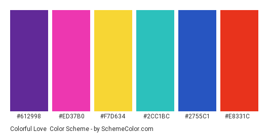 Colorful Love - Color scheme palette thumbnail - #612998 #ED37B0 #F7D634 #2CC1BC #2755C1 #E8331C 