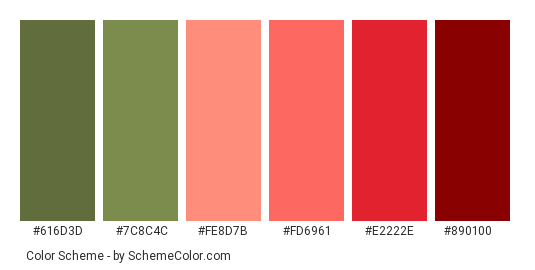 Red Tulips and Green - Color scheme palette thumbnail - #616d3d #7c8c4c #fe8d7b #fd6961 #e2222e #890100 