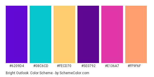 Bright Outlook - Color scheme palette thumbnail - #6209D4 #08C6CD #FECD70 #5E0792 #E136A7 #FF9F6F 