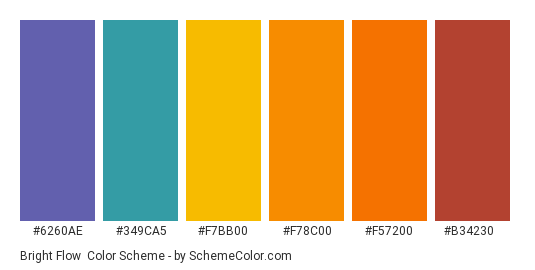 Bright Flow - Color scheme palette thumbnail - #6260AE #349CA5 #F7BB00 #F78C00 #F57200 #B34230 