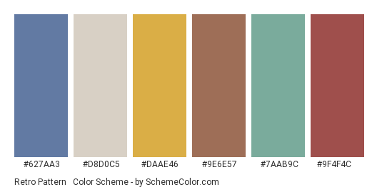 Retro Pattern #3 - Color scheme palette thumbnail - #627AA3 #D8D0C5 #DAAE46 #9E6E57 #7AAB9C #9F4F4C 
