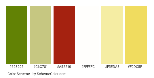 Sunshine Makes Me Happy - Color scheme palette thumbnail - #628205 #c6c781 #a52210 #fffefc #f5eda3 #f0dc5f 