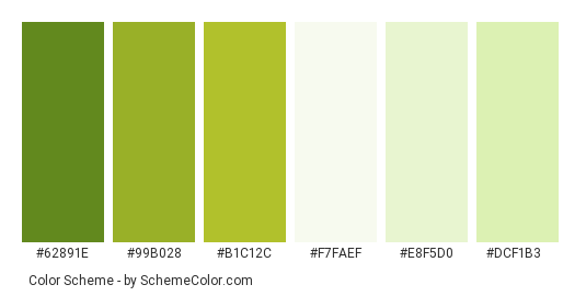 Tea Garden - Color scheme palette thumbnail - #62891e #99b028 #b1c12c #f7faef #e8f5d0 #dcf1b3 