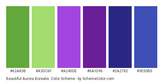 Beautiful Aurora Borealis - Color scheme palette thumbnail - #62A83B #A3DC6F #A245DE #6A1D96 #2A2782 #3E50B5 