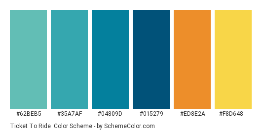 Ticket to Ride - Color scheme palette thumbnail - #62BEB5 #35A7AF #04809D #015279 #ED8E2A #F8D648 