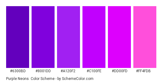 Purple Neons - Color scheme palette thumbnail - #6300bd #8001dd #a120f2 #c100fe #dd00fd #ff4fdb 