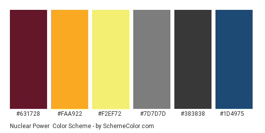 Nuclear Power - Color scheme palette thumbnail - #631728 #FAA922 #F2EF72 #7D7D7D #383838 #1D4975 