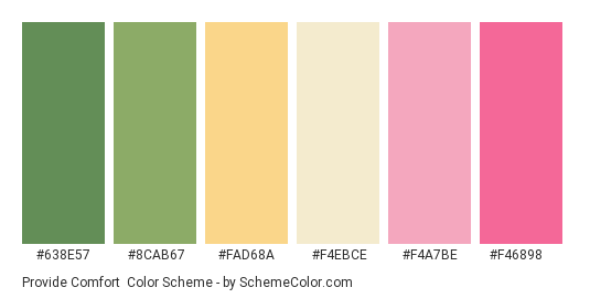 Provide Comfort - Color scheme palette thumbnail - #638E57 #8CAB67 #FAD68A #F4EBCE #F4A7BE #F46898 