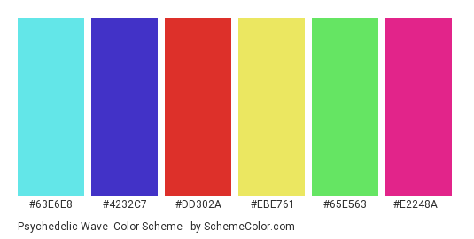 Psychedelic Wave - Color scheme palette thumbnail - #63e6e8 #4232c7 #dd302a #ebe761 #65e563 #e2248a 