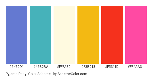 Pyjama Party - Color scheme palette thumbnail - #6479D1 #46B2BA #fffae0 #F3B913 #F5311D #FF4AA3 