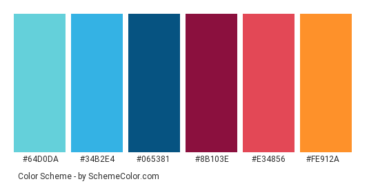Colorful Infographic template - Color scheme palette thumbnail - #64d0da #34b2e4 #065381 #8b103e #e34856 #fe912a 