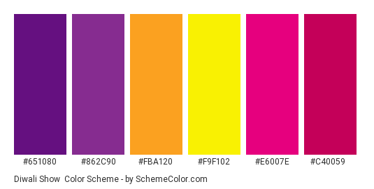 Diwali Show - Color scheme palette thumbnail - #651080 #862c90 #fba120 #f9f102 #e6007e #c40059 
