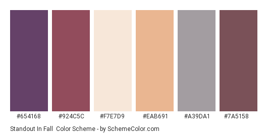Standout in Fall - Color scheme palette thumbnail - #654168 #924c5c #f7e7d9 #eab691 #a39da1 #7a5158 
