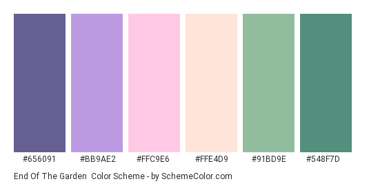 End of the Garden - Color scheme palette thumbnail - #656091 #BB9AE2 #FFC9E6 #FFE4D9 #91BD9E #548F7D 