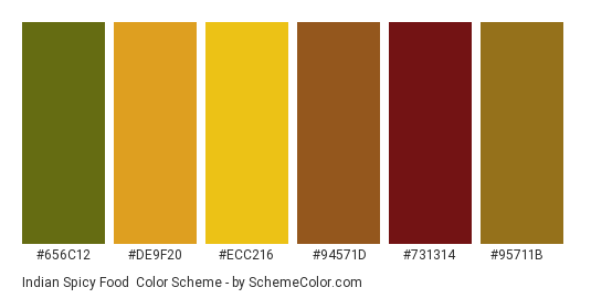 Indian Spicy Food - Color scheme palette thumbnail - #656c12 #de9f20 #ecc216 #94571d #731314 #95711b 