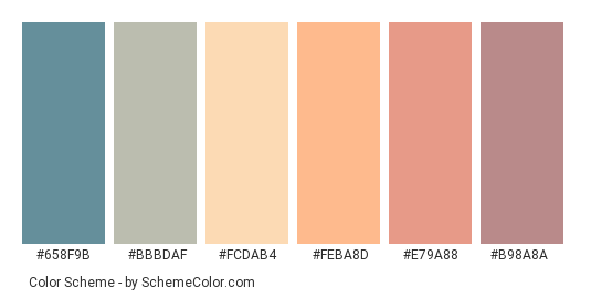 Save the Sunset - Color scheme palette thumbnail - #658f9b #bbbdaf #fcdab4 #feba8d #e79a88 #b98a8a 