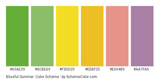 Blissful Summer - Color scheme palette thumbnail - #65ae39 #8cbe69 #f3dd25 #eebf25 #e69489 #aa7fa5 