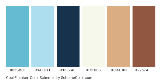 Cool Fashion - Color scheme palette thumbnail - #65bbd1 #acdeef #16324c #f5f8eb #dbad83 #925741 