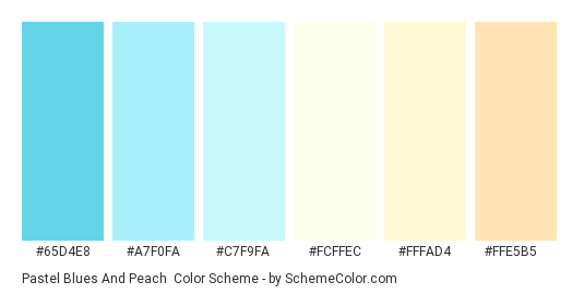 Pastel Blues and Peach - Color scheme palette thumbnail - #65d4e8 #A7F0FA #C7F9FA #FCFFEC #FFFAD4 #FFE5B5 