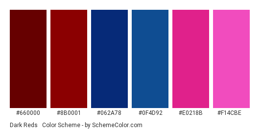 Dark Reds & Blues with Pink - Color scheme palette thumbnail - #660000 #8B0001 #062A78 #0F4D92 #E0218B #F14CBE 
