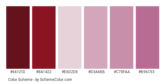 Red Onion - Color scheme palette thumbnail - #66121d #8a1422 #e6d2d8 #d3a6bb #c78faa #b96c93 