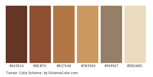 Terrain - Color scheme palette thumbnail - #663524 #8E4F31 #B27644 #CB9960 #958067 #EBDABD 