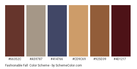 Fashionable Fall - Color scheme palette thumbnail - #66352c #a59787 #414766 #cd9c69 #925d39 #4d1217 